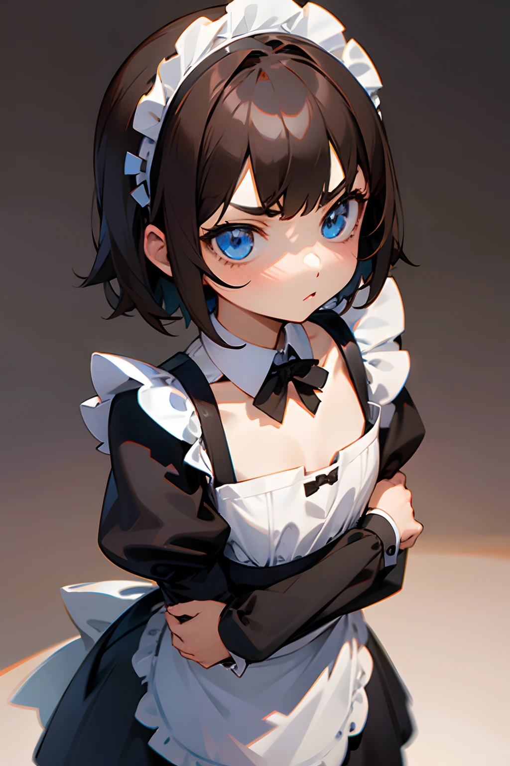 1girl, short brown hair, blue eyes, loli, serious, maid outfit, flat chest