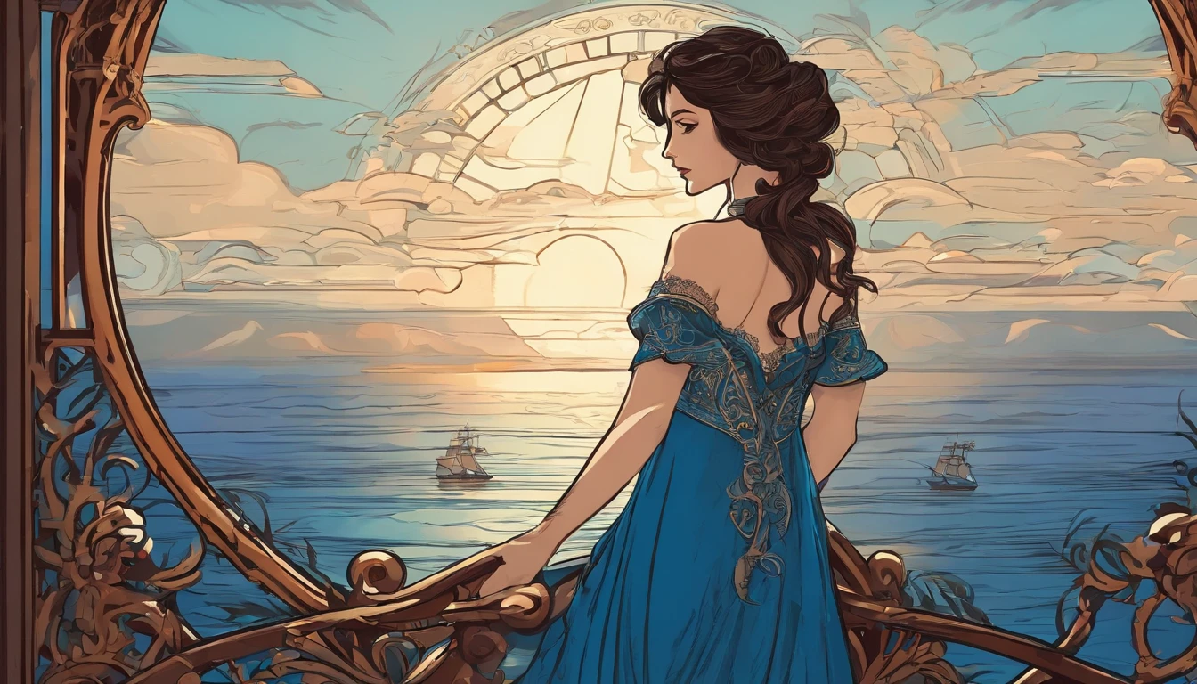 Girl with dark hair in blue dress, Standing on the deck of an old ship, One Ship, looks into the distance, dawning, Light haze, Brooding atmosphere, Sunrise on the sea
