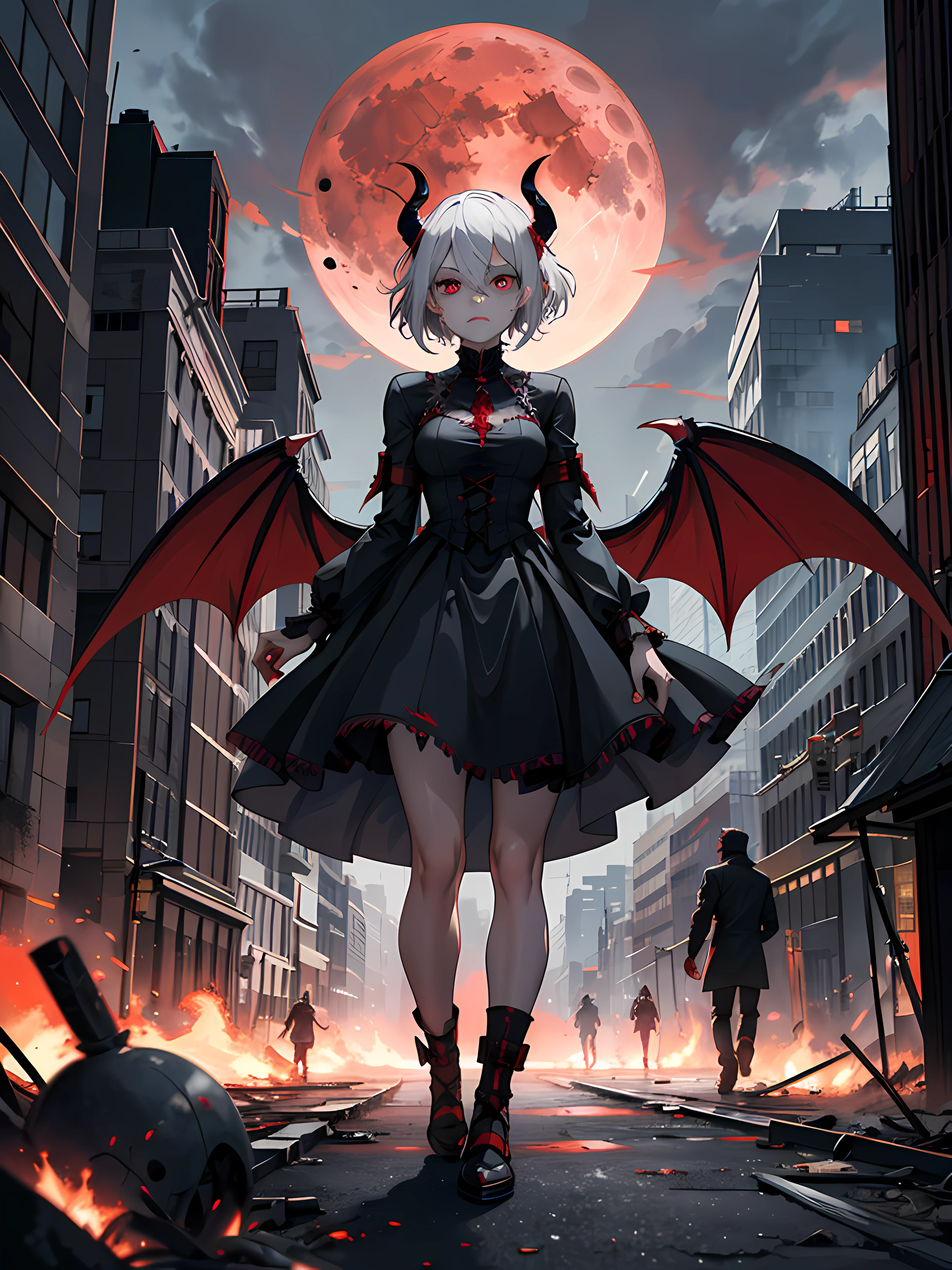 (view the viewer:1.2), Mist, Misty atmosphere, (Perfect eyes),
1girll, White hair, (Red eyes), standing, Hands covered in blood, Gothic dress, (Expressionless:1.2), (disdain:1.3), (Demon wings:1.2),
City, Fire, Burning City, city on fire, chaos, disrupt, entropy, discordia, (Dark sky, grey sky, Fiery sky, Blood Moon),
The villain wanders the run-down city. Scattered bodies were walking around, And people running for their lives.