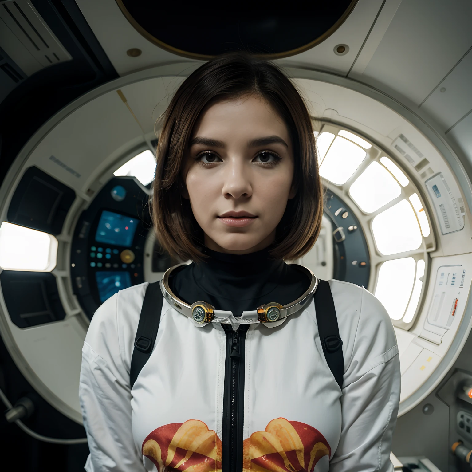 Imagem de uma mulher em um traje futurista com uma nave espacial ao fundo, arte do filme, na frente de um fundo laranja, inspirado em Robert McGinnis, protagonista feminina, megaestrutura em segundo plano, Retrato de um astronauta de IA, Astronautas, um astronauta, Retrato de um esqueleto de astronauta,  android perfeita, Frank Franzzeta e Sakimichan