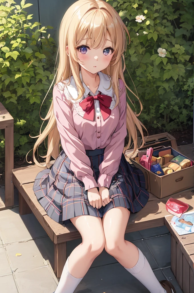 a 1girl, Raised skirt and blouse, The skirt rises to the chest, Picnic in nature, sitting on knees, on a plaid blanket with a box of food, anime visual of a cute girl, li, anime stylized, full - body