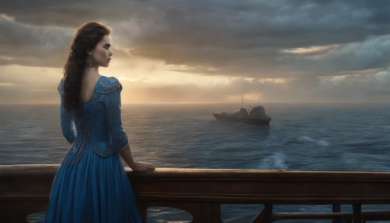 Girl with dark hair in blue dress, Standing on the deck of an old ship, One Ship, looks into the distance, dawning, Light haze, Brooding atmosphere, Sunrise on the sea