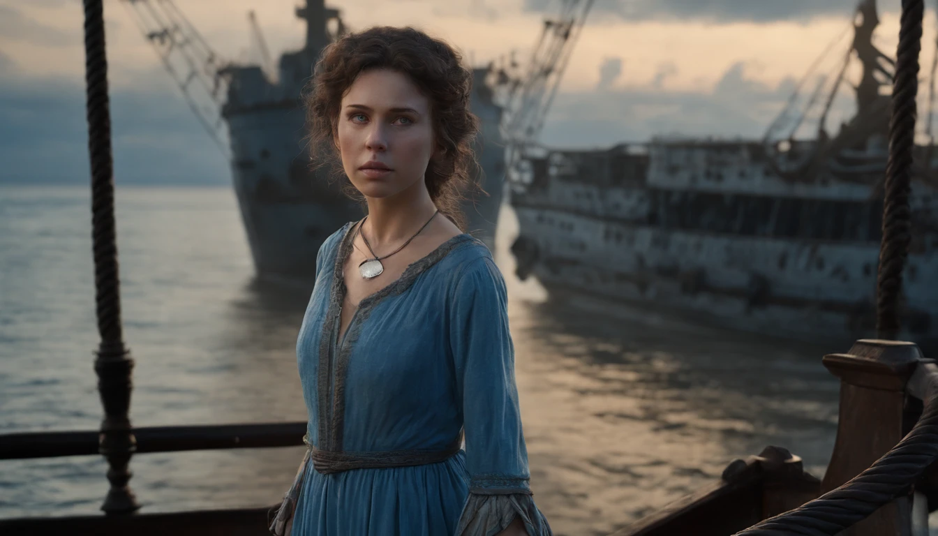 Girl with dark hair in blue dress, Standing on the deck of an old ship, One Ship, looks into the distance, dawning, Light haze, Brooding atmosphere, Sunrise on the sea