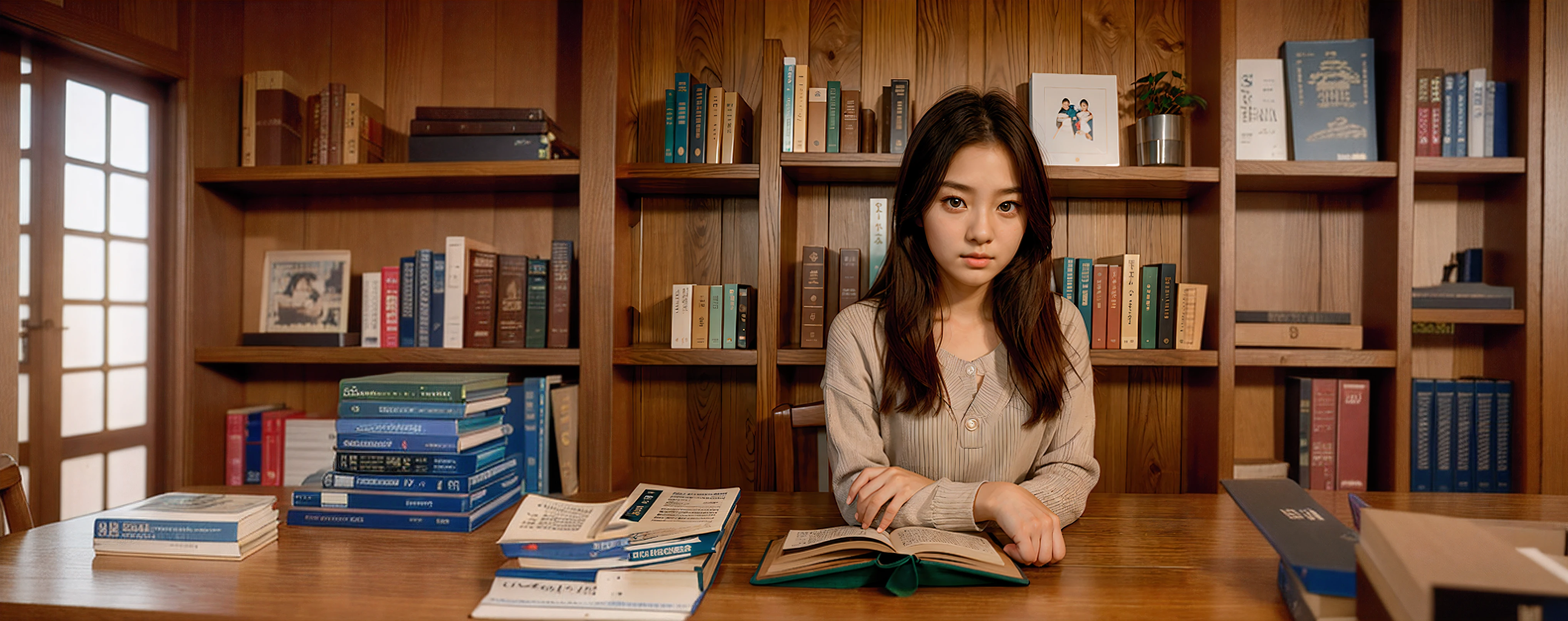 Снято с Canon EOS 5D Mark IV, Only very high bookshelves, Oak planks, Ultra Detail Books, Ultra Texture Detail, Soft professional lighting, Korean Language and Culture