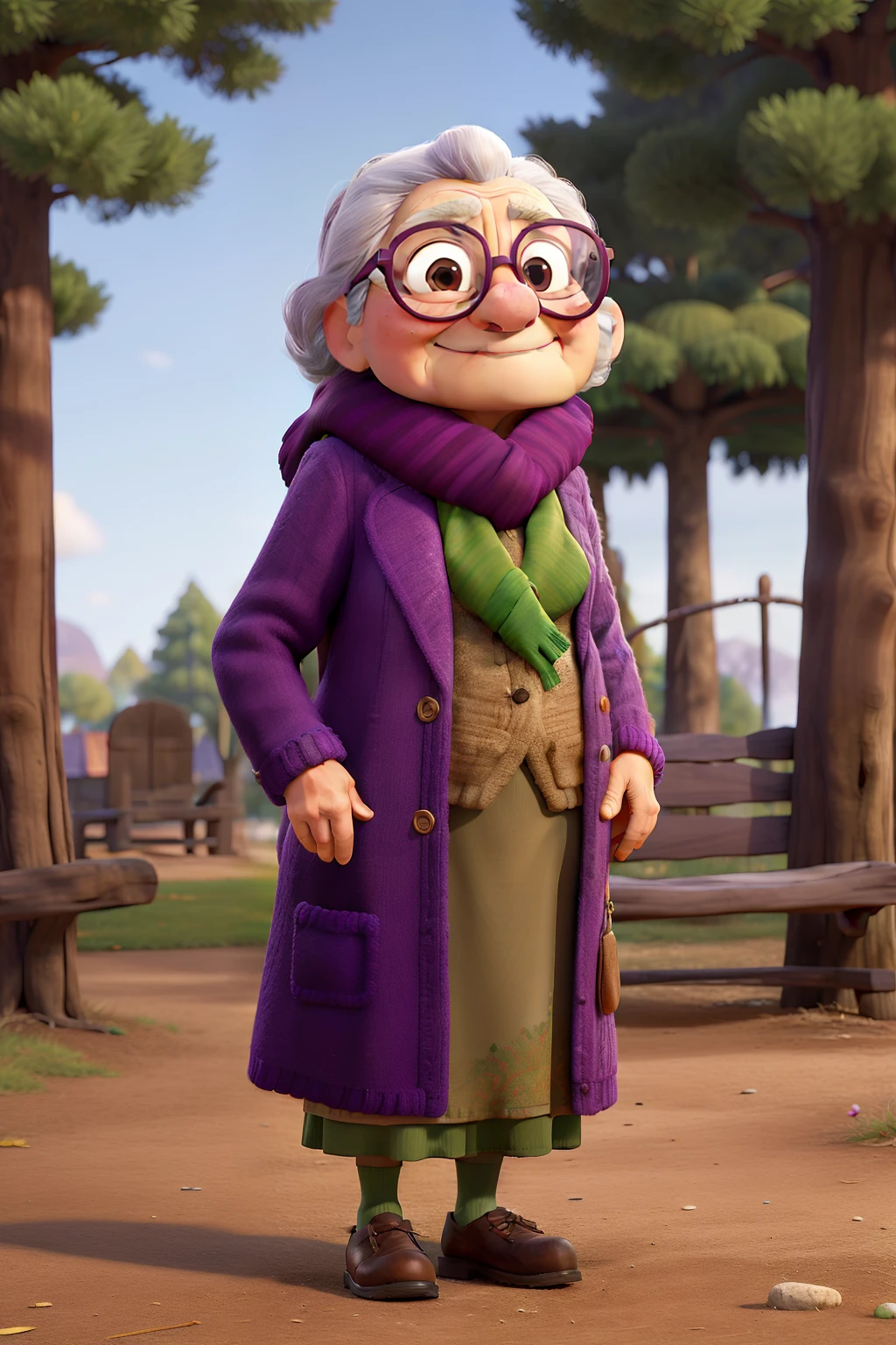 masterpiece, best quality, an old woman with glasses and a scarf on, wearing a purple coat and green scarf, standing at the park