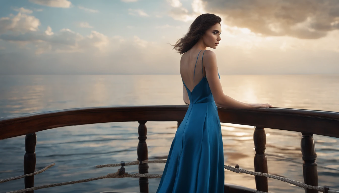 Girl with dark hair in blue dress, Standing on the deck of an old ship, One Ship, looks into the distance, dawning, Light haze, Brooding atmosphere, Sunrise on the sea