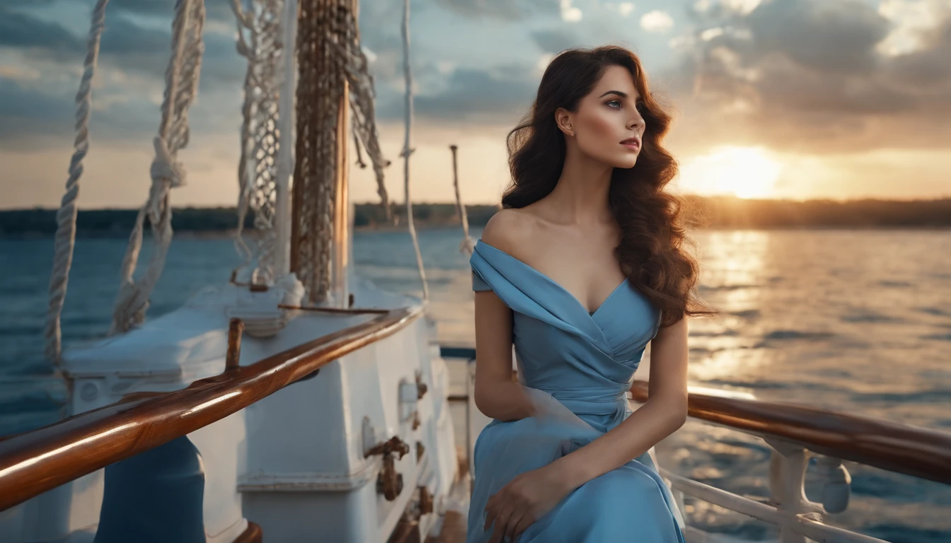 Girl with dark hair in blue dress, Standing on the deck of an old ship, One Ship, looks into the distance, dawning, Light haze, Brooding atmosphere, Sunrise on the sea