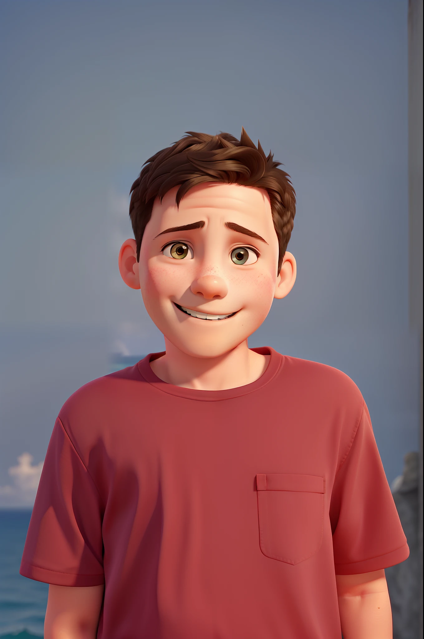 One 8 year-old boy, short hair, smiling. Background with an ocean