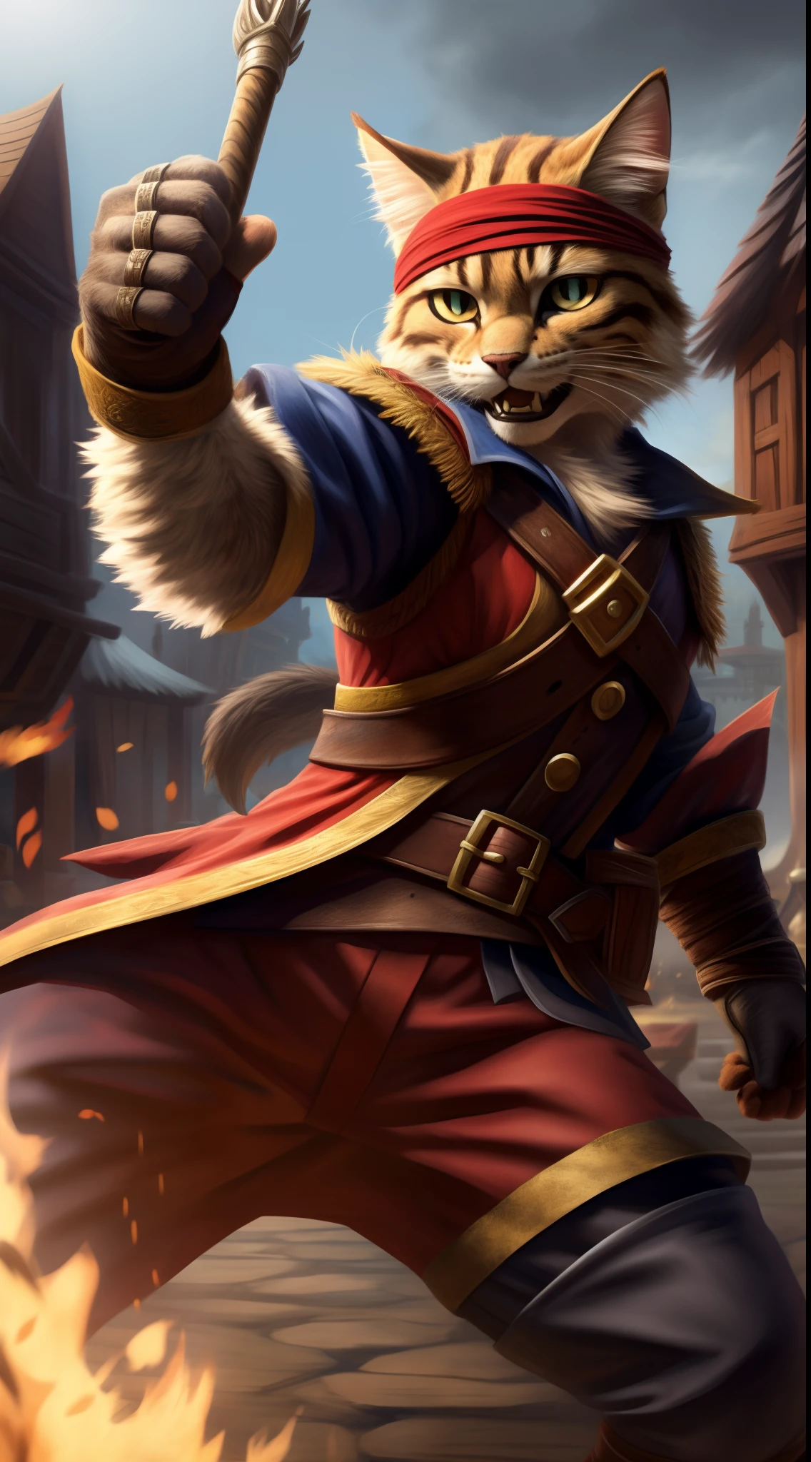 masterpiece, (1girl:1.5), dungeons and dragons character, character portrait, tabaxi girl, (furry), fluffy body and ears, female body, wearing pirat uniform, wearing pirate the headband, one eyed, one eye band, pirate cat, cat pirate, town background, dakr ambient, vivid color, details, fight scene, fight, action pose, smiling, happy face expression