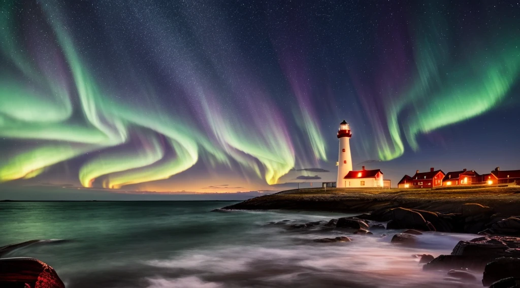 An old red and white lighthouse on a beach at night, coast of Norway, very dark moonless sky, a beautiful northern lights with vibrant colors, 4k, highly detailed, richly detailed lighthouse, intricate details