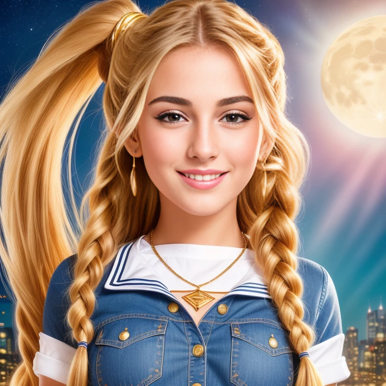 (best quality, RAW photography, extremely detailed, 4k,8k,high res,masterpiece:1.2),ultra-detailed, photorealistic, full body shot,golden bronde hair in braids Mature and beautiful, realistic portrayal:1.2 Sailor Moon smiling posing for a photoshoot, dressed up in jeans. The backdrop is full of moons