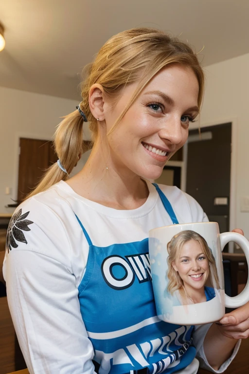 Holding in her hands, a tall white printed mug, the mug has a funny pictured on it, the cute lady in her 30's, blond hair and pony tail, big smile, bright blue eyes, holds this large printed mug, bright room, side view as she gives her coffee mug to her friend