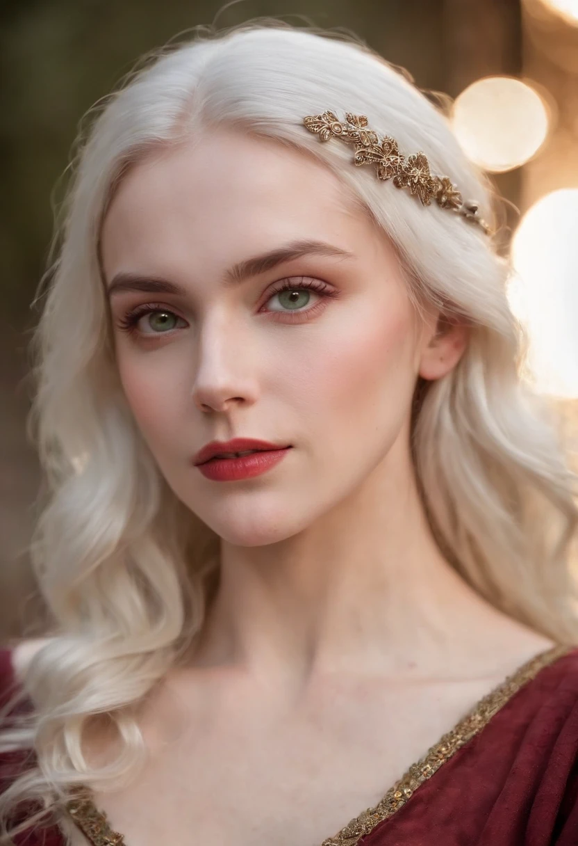 (((a deep reddish wound crosses her left cheek))) fair complexion, woman around 19 years old, natural white hair, distinctive green eyes, wearing kohl, slender and graceful, beautiful, candlelight in a medieval setting, ultra sharp focus, realistic shot, medieval female clothes, tetradic colors (scar:1.4)