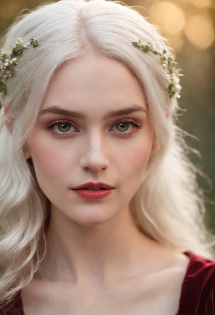 (((a deep reddish wound crosses her left cheek))) fair complexion, woman around 19 years old, natural white hair, distinctive green eyes, wearing kohl, slender and graceful, beautiful, candlelight in a medieval setting, ultra sharp focus, realistic shot, medieval female clothes, tetradic colors (scar:1.4)