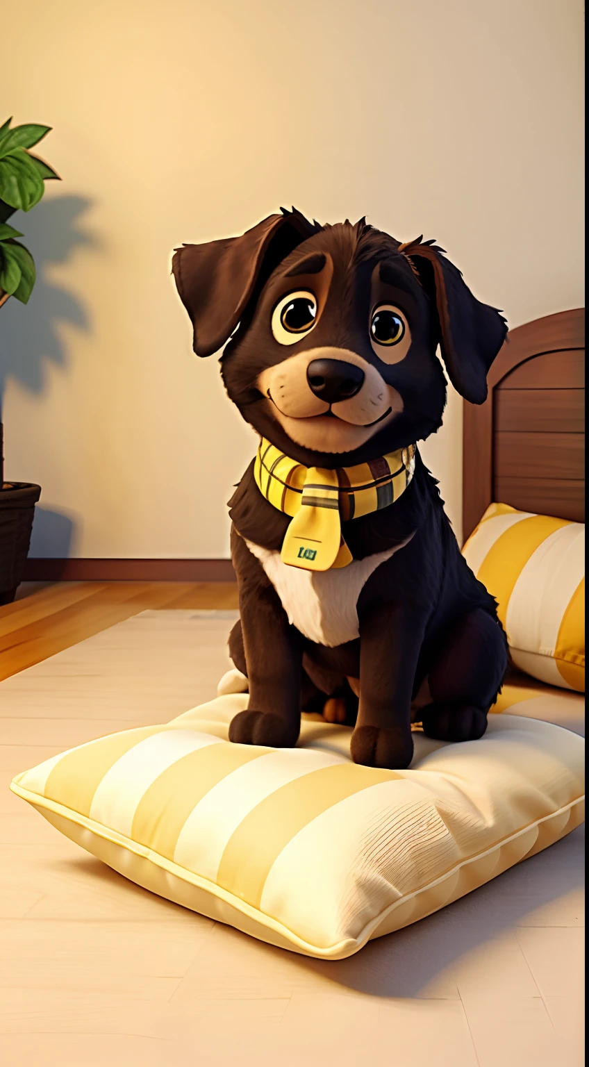 a large dog, about 1 year old, black and short-haired, lying on his pillow, has white tipped paws, on top of the pillow is a yellow and blue striped sheet
