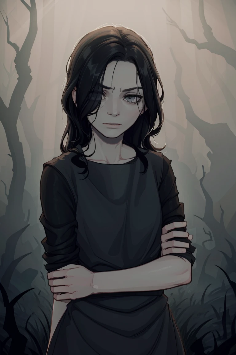 ((masterpiece, best quality)),(complex lighting),solo,1girl,upper body, eveline, black dress, black hair, boots, sleeves rolled up, hair over one eye,long hair, pale skin, grey eyes, dark dead swamp, horror