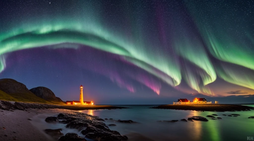 A single old red and white lighthouse on a deserted beach at night, coast of Norway, very dark moonless sky, a beautiful northern lights with vibrant colors, 4k, highly detailed, richly detailed lighthouse, intricate details