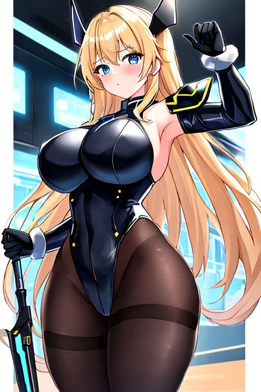 1girl, blonde hair, large breasts, breasts, thick thighs, wide hips, blue eyes, bodysuit, black bodysuit, pantyhose, long hair, serious, science-fiction, tech, futuristic, black pantyhose, thighhighs, neon, machinery, hair ornament, ornament, neon trim, an8me style, 2d, anime screencap, shoulder armor