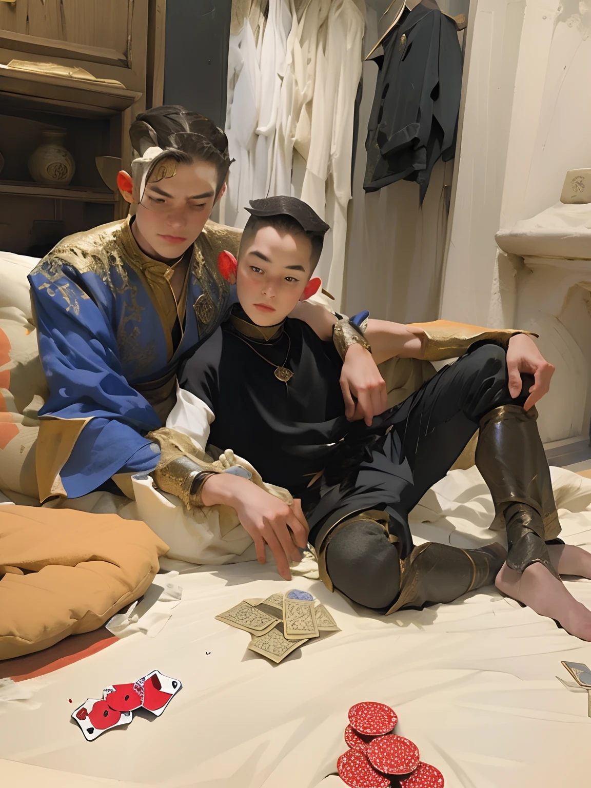 Absurd, masterpiece, watercolor, in the style of Caravaggio, boys, men 20 years old, athletic build, gluteus maximus, ((((Aladdin is given to the Prince of Egypt, Sex of two guys, without clothes, nudity only in transparent thin trousers)))