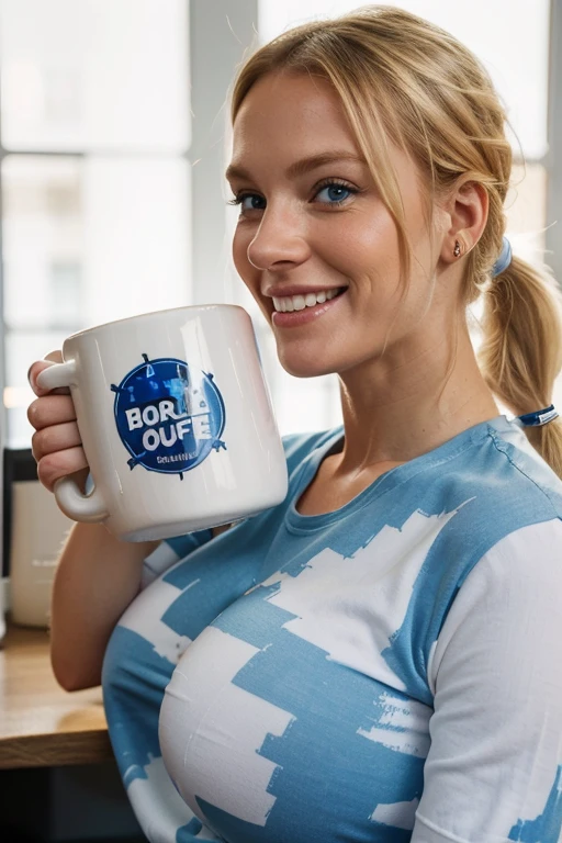Holding in her hands, a tall white printed mug, the mug has a funny pictured on it, the cute lady in her 30's, blond hair and pony tail, big smile, bright blue eyes, big boobs, holds this large printed mug, bright room, side view as she gives her coffee mug to her friend