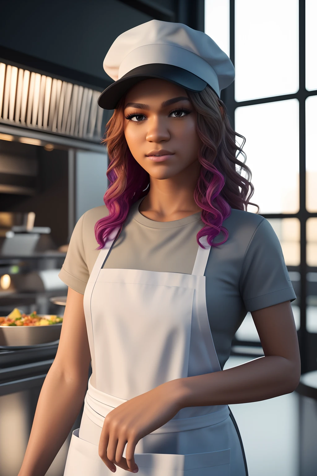 half-body portrait 3d render, Zendaya working as a line cook in a busy restaurant, sporting a white chef hat and apron, 3d, octane render, depth of field, unreal engine 5, concept art, vibrant colors, glow, trending on artstation, ultra high detail, ultra realistic, cinematic lighting, focused, 8 k