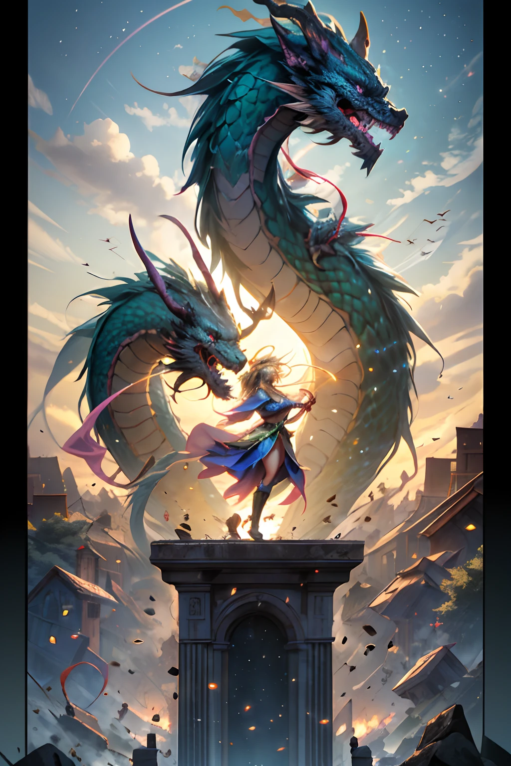 (Obra maestra:1.2), (La mejor calidad:1.2), Perfect lighting, Chica Maga Oscura lanzando un hechizo, flotando en el aire, Levitating over a magic circle , Portal de Circle, tetas grandes, escote abierto, fondo de magia. Pose sejustiva y sexy. Fuegos artificiales de fondo.  dragon armaguedon