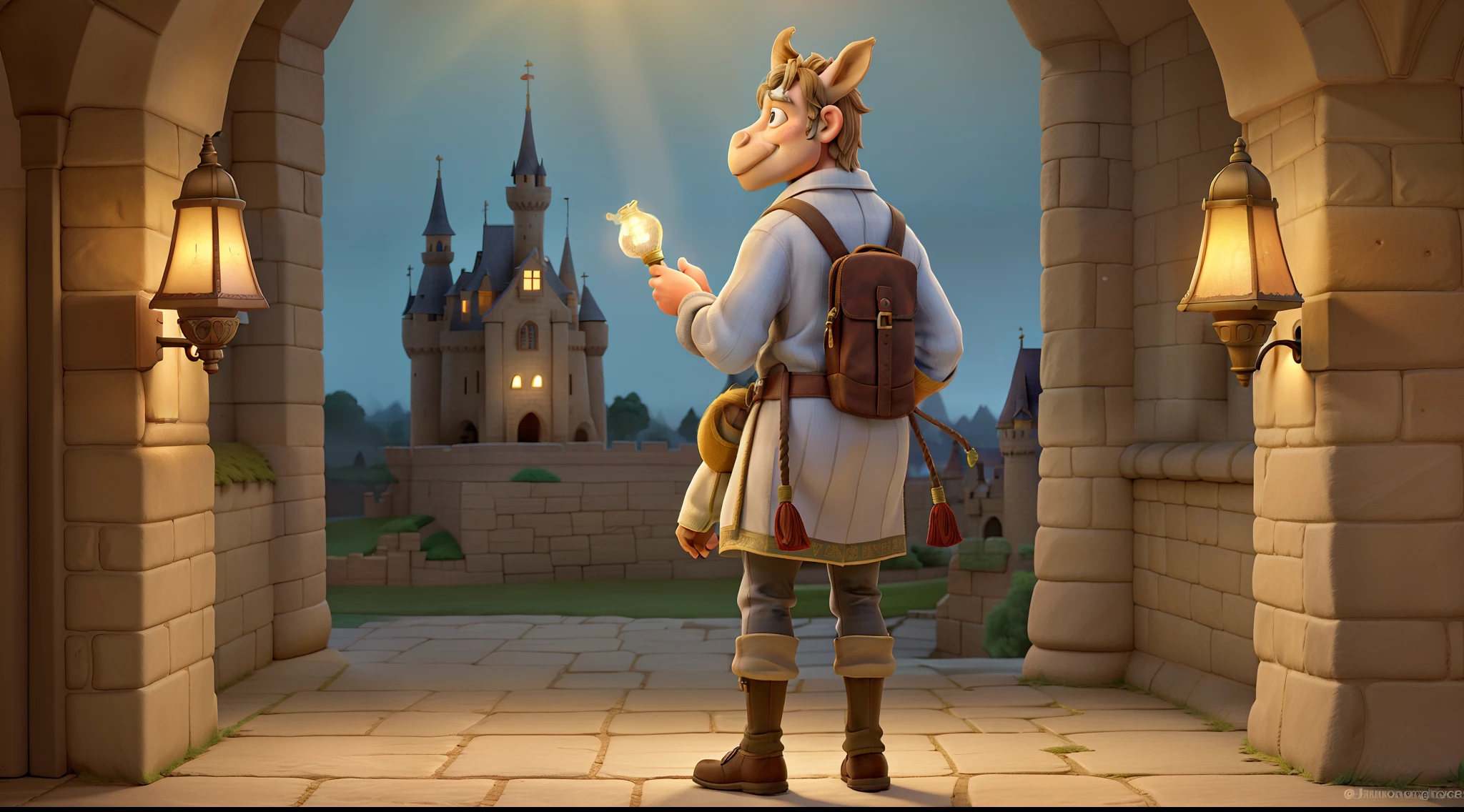 A wise of donkey man standing in front, illuminated by the light of a lamp, against the backdrop of castle. wise of donkey standing in front, illuminated by the light of a lamp, against the backdrop of castle