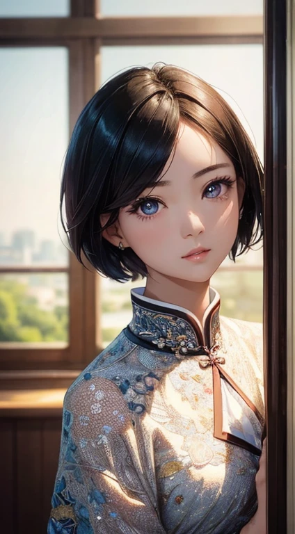 1girl in, (((Short Hair Hair,))), Qipao dress,(tmasterpiece, topquality, Near and Far Law, Depth of field:1.5), beatiful face, 8K, raw photograph, HDR, photorealestic, film grains, chromatic aberration, hight resolution, ultra-detailliert, finely detail, dinamic lighting, dramatic lighting、visionary、Extremely detailed eyes and face、round pupils、Realistic pupils、Clean back soil