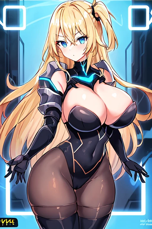 1girl, blonde hair, large breasts, breasts, thick thighs, wide hips, blue eyes, bodysuit, black bodysuit, pantyhose, long hair, serious, science-fiction, tech, futuristic, black pantyhose, thighhighs, neon, machinery, hair ornament, ornament, neon trim, an8me style, 2d, anime screencap, shoulder armor