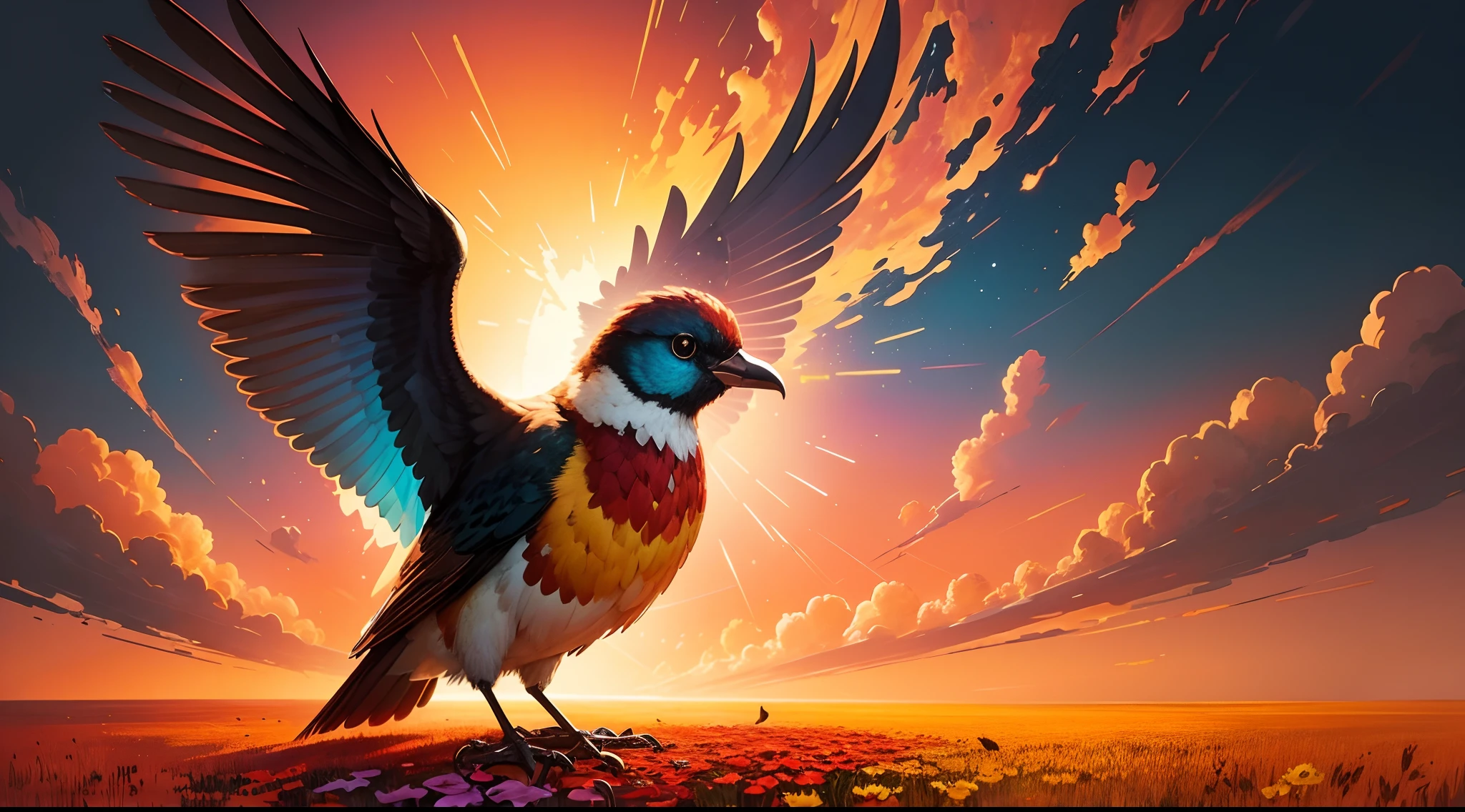 bird, sunrise, flower field, Alcohol ink and impasto mix painting,  explosion, 
yang08k,  beautiful,  colorful,
masterpieces, top quality, best quality, official art, beautiful and aesthetic