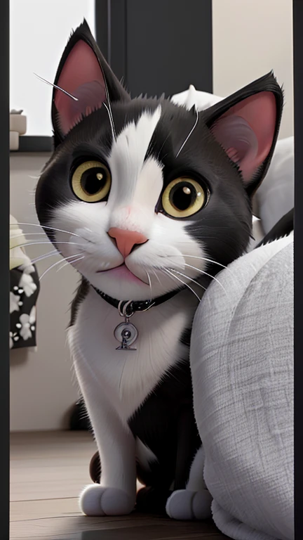 There is a black and white cat lying on a bed, lovingly looking at camera