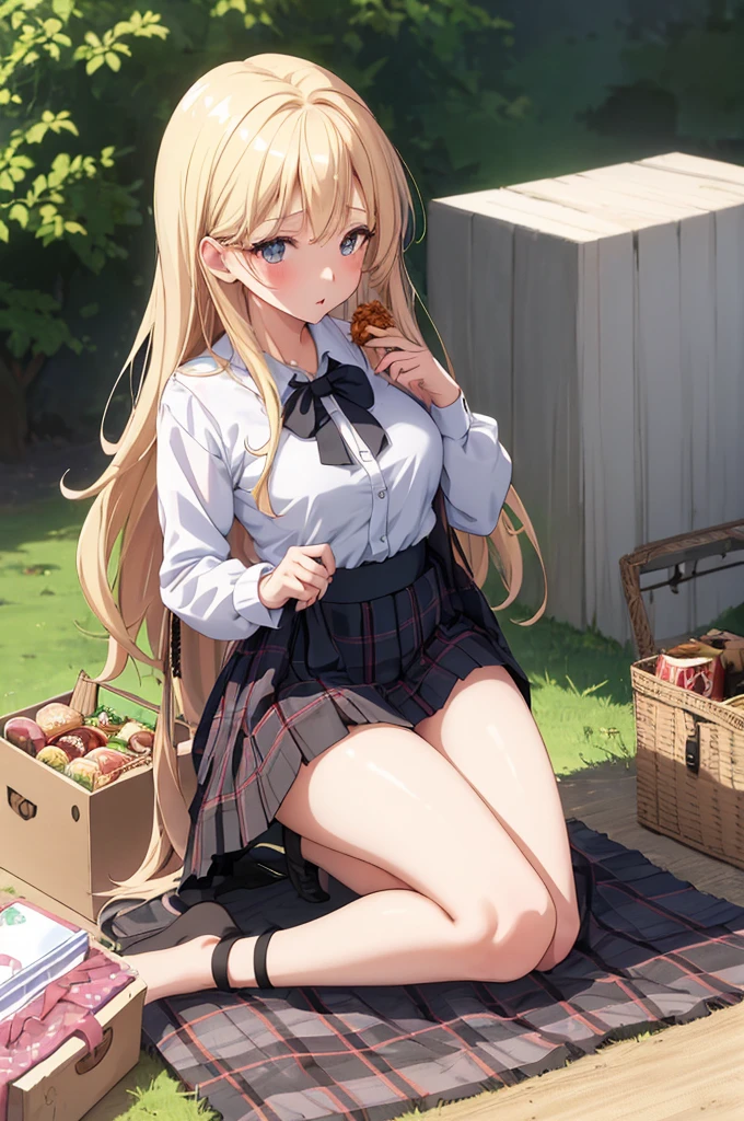 a 1girl, skirt and blouse, The skirt rises to the chest, bare thighs, bare ass, no panty, Picnic in nature, Kneeling on a plaid blanket with a box of food, anime visual of a cute girl, loli, anime stylized, full - body