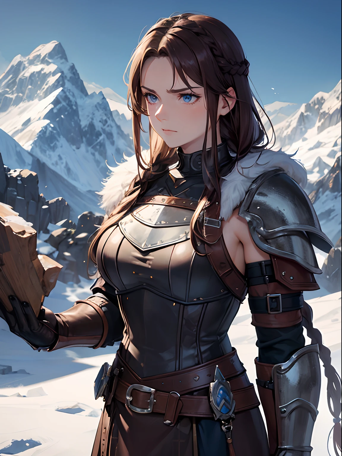 Masterpiece, close up, mountains, snow, fantasy world, medieval setting, adult woman, muscular, dirty, tough, viking style, stoic expression, intimidating, long braided hair, brown hair, dark blue eyes, leather shirt, iron chest piece, single shoulder armour, fur kilt, gauntlets