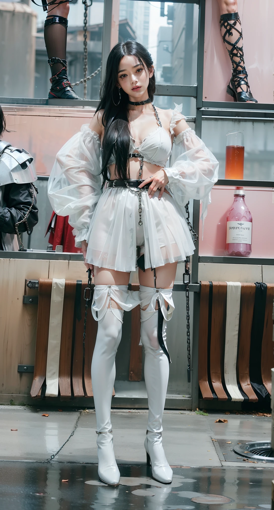 ,((Dressed in a see-through costume of a superheroine)),(, No bra)), Wet crotch, Wet thighs, Beautiful girl with accentuated slender abs: 1.4, (((nipple tips protruding, areola is protruding, The shape of the pubic region is clearly visible)), sixpack abs: 1.4, Bust Botox, Photo, Sharpness, Unique 850 4, Koda850 k portrait camera, F1.6 shots, Ultra-realistic textures, Spectacular light textures, Cinestil 800 Fashion Mechanics, (futuristic sci-fi battle fashion: 1.1), (tied perfectly by chain), Restraint, Slaves, collars, ((wide prison with sunlight)), Dark fantasy, Realistic material details, extreme hight detail, Ultra-realistic materials ((Torn costume))), Wet, Cloudy, (Chained)), ((big emphasized by chains)), ((chains digging into crotch)), ( (Collar)), (, No bra), shredded costumes, broken golden shields and battle spears,, White combat gloves, Combat shoulder armor, Realistic, (Bruises, ripped clothing, skimpy clothing, Blood: 1.3), Torn Cape, Torn pantyhose, Long legs, ((iron pipe in the crotch)), Metallic shackles and fetters, ((chains hung from heaven)), Wet crotch is clearly visible, Swarovski's sword and the anatomy beneath his feet, squatting on the ground,Finger repair,Five fingers,(futuristic sci-fi battle fashion, Torn mesh stockings),