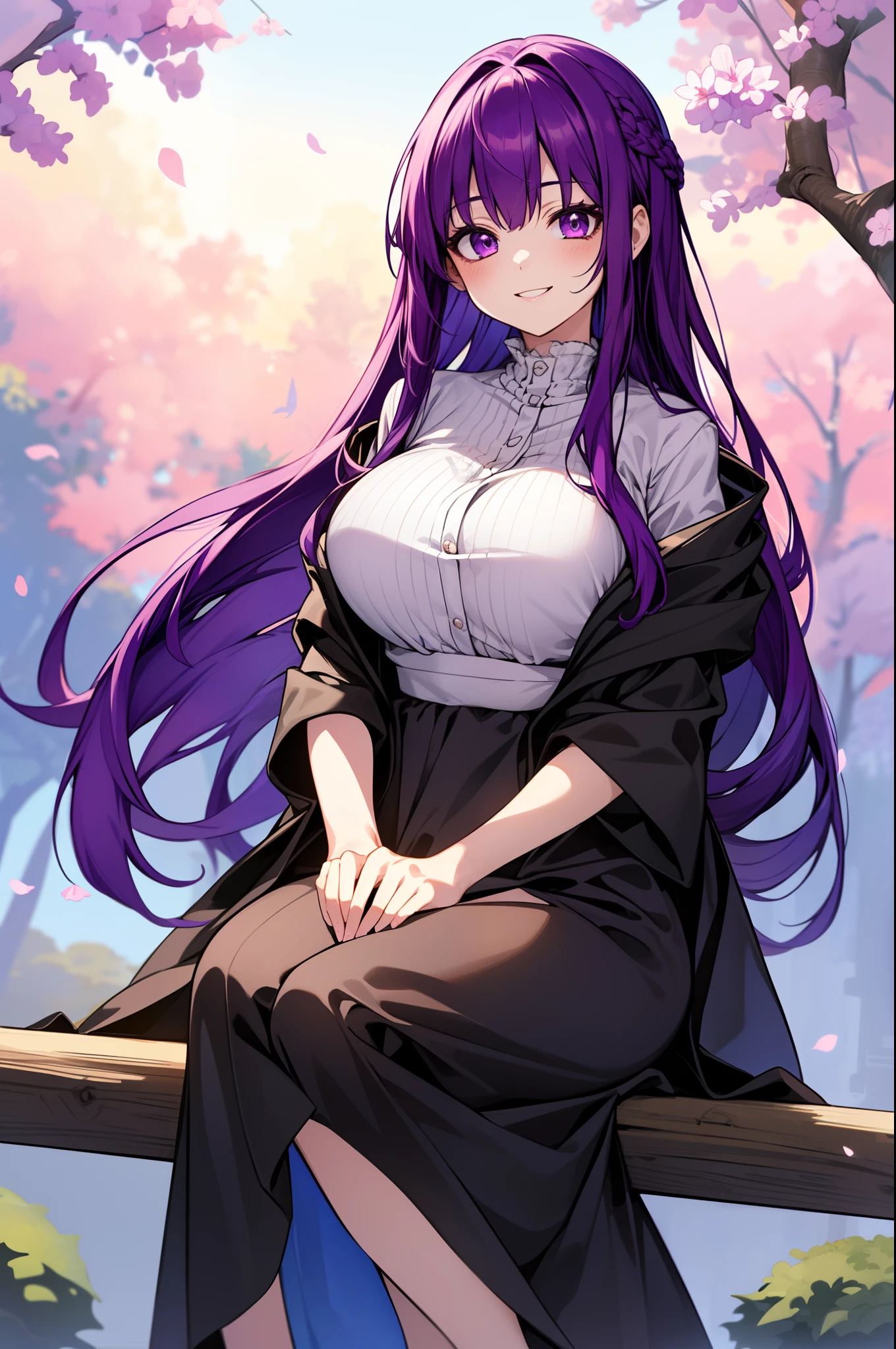 masterpiece, best quality, absurdres, perfect anatomy, 1girl, solo, FernFrieren, very long hair, purple eyes, (purple pupils), white dress, black robe, large breasts, <lora:CHAR-Fern:1>