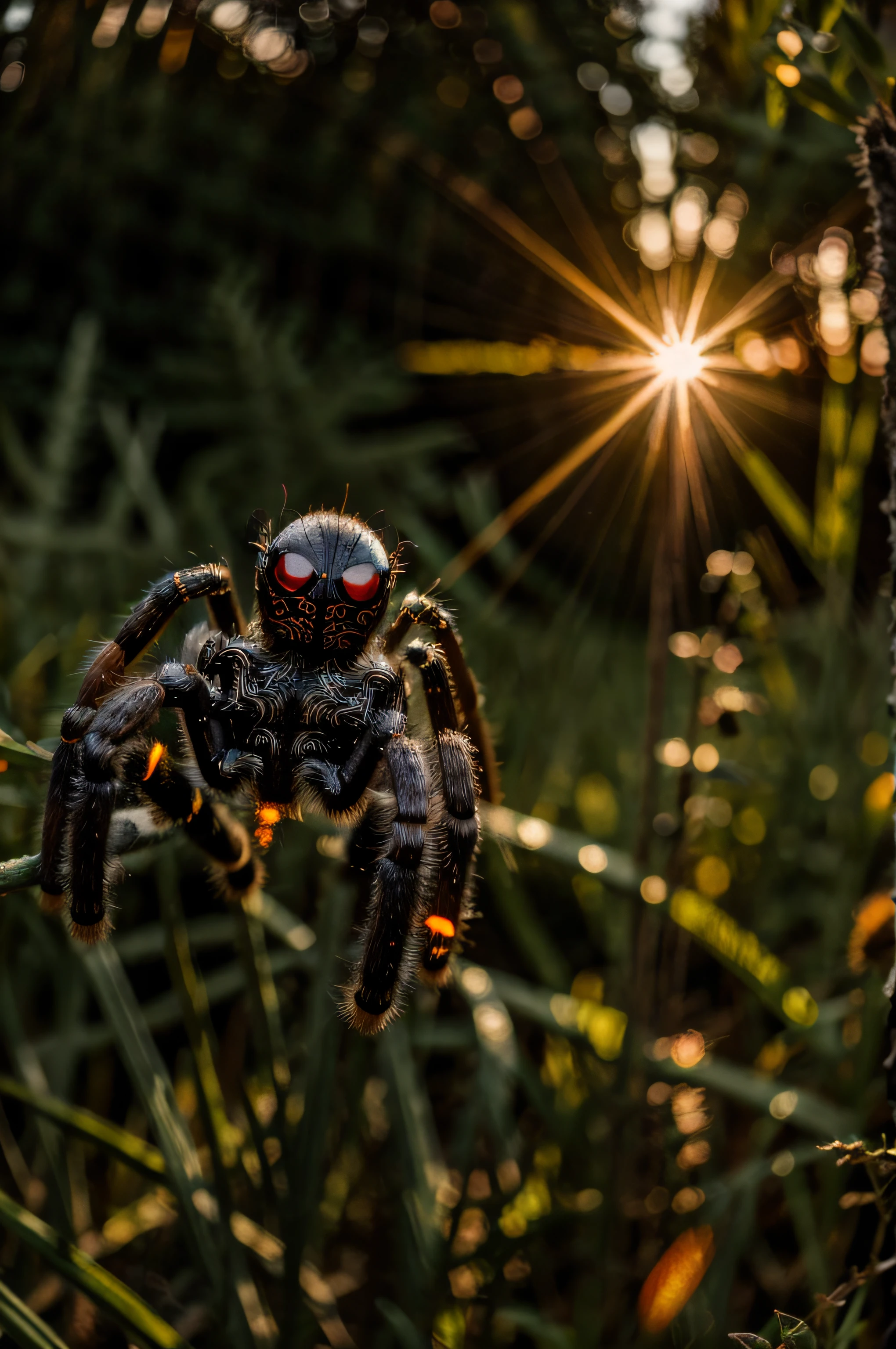 documentary photo of a drahthaar spider, looking at viewer, lens flare, 8k. Bright sun summer day, sharp shadows. Hi res