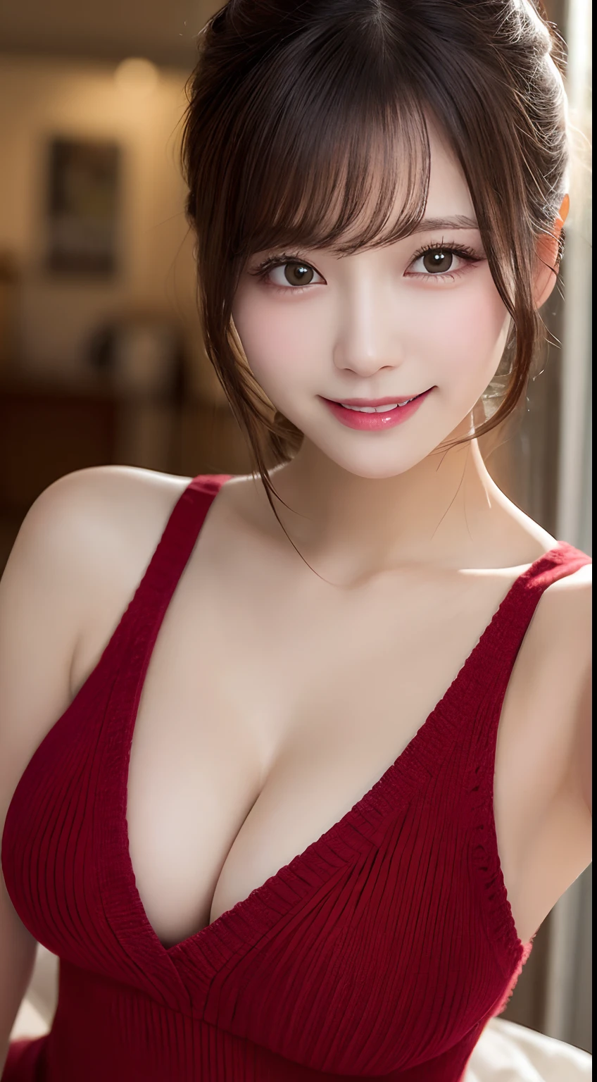 masutepiece, Best Quality, Illustration, Ultra-detailed, finely detail, hight resolution, 8K Wallpaper, Perfect dynamic composition, Beautiful detailed eyes,  Natural Lip, Red knitted dress , Big breasts, cleavage, Random sexy poses、A big smile、Ponytail hair