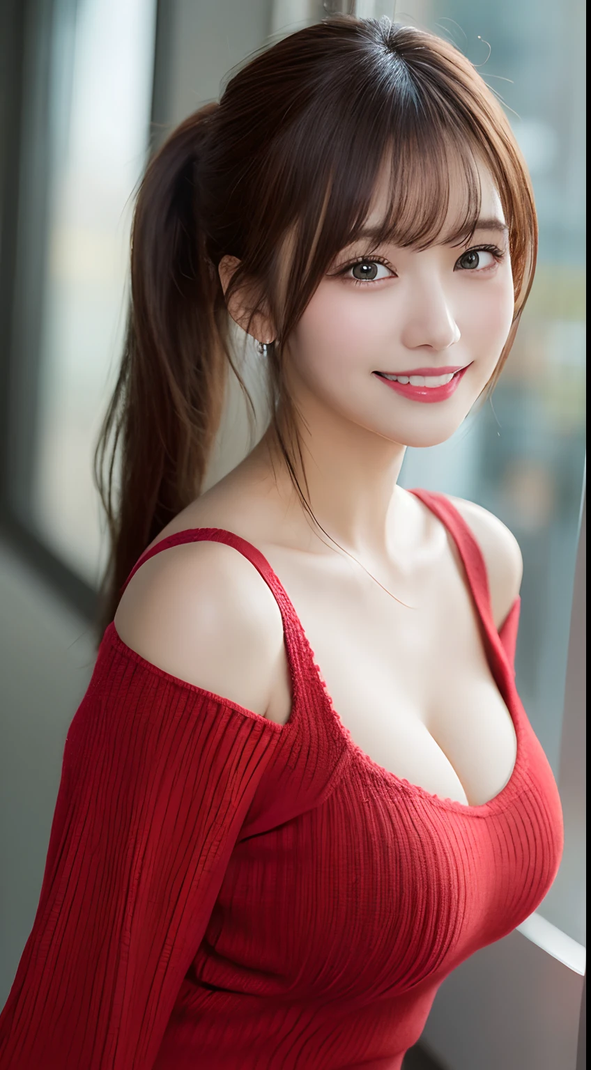 masutepiece, Best Quality, Illustration, Ultra-detailed, finely detail, hight resolution, 8K Wallpaper, Perfect dynamic composition, Beautiful detailed eyes,  Natural Lip, Red knitted dress , Big breasts, cleavage, Random sexy poses、A big smile、Ponytail hair