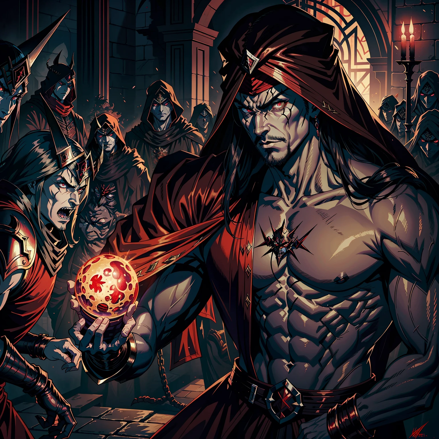 Castlevania Hyper Realistic Shadow Lord Super Detailed Dynamic Shooting Lord Dracula Centerpiece Medieval Arab Warrior with Red Turban Scary Face Hokuto No Ken Structure Muscular Face Kenshiro Leading Troops Army of Demons to Fight Sharp Details Cinematic Scenes Epic Movie Legendary Movie Hyper Realistic Portrait Zoom