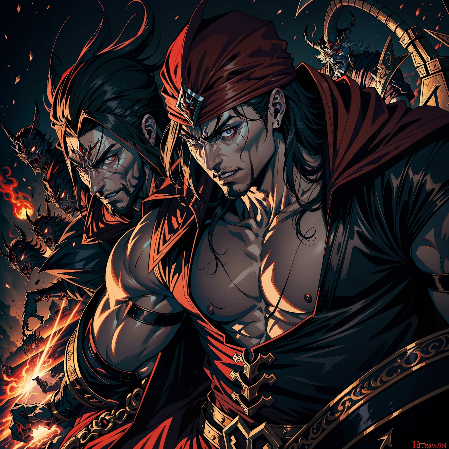 Castlevania Hyper Realistic Shadow Lord Super Detailed Dynamic Shooting Lord Dracula Centerpiece Medieval Arab Warrior with Red Turban Scary Face Hokuto No Ken Structure Muscular Face Kenshiro Leading Troops Army of Demons to Fight Sharp Details Cinematic Scenes Epic Movie Legendary Movie Hyper Realistic Portrait Zoom