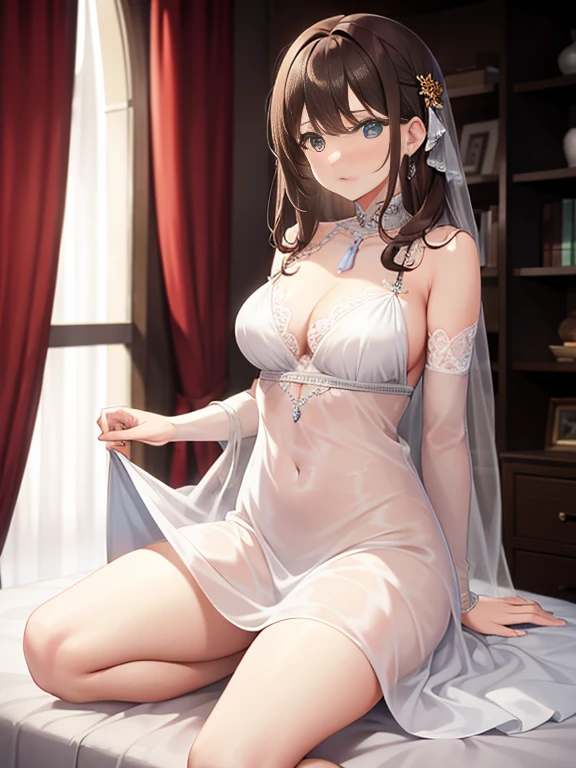 Brown haired poor milky beauty in sheer dress