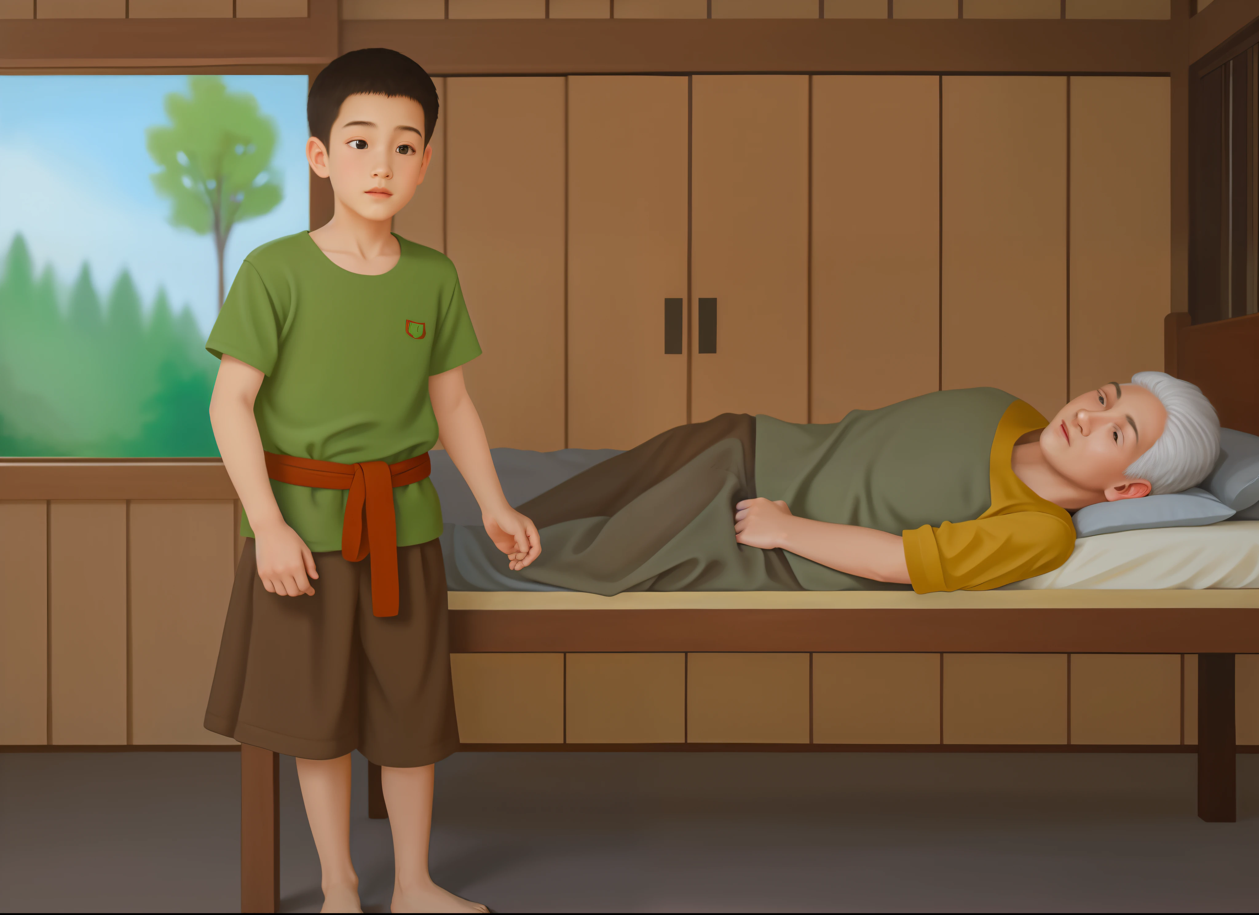 8K Ultra HD, highly detailed, super realistic, painting of boy standing next to a old man laying on a bed, Look at each other, in a house, surrounded by forest, beautiful image,