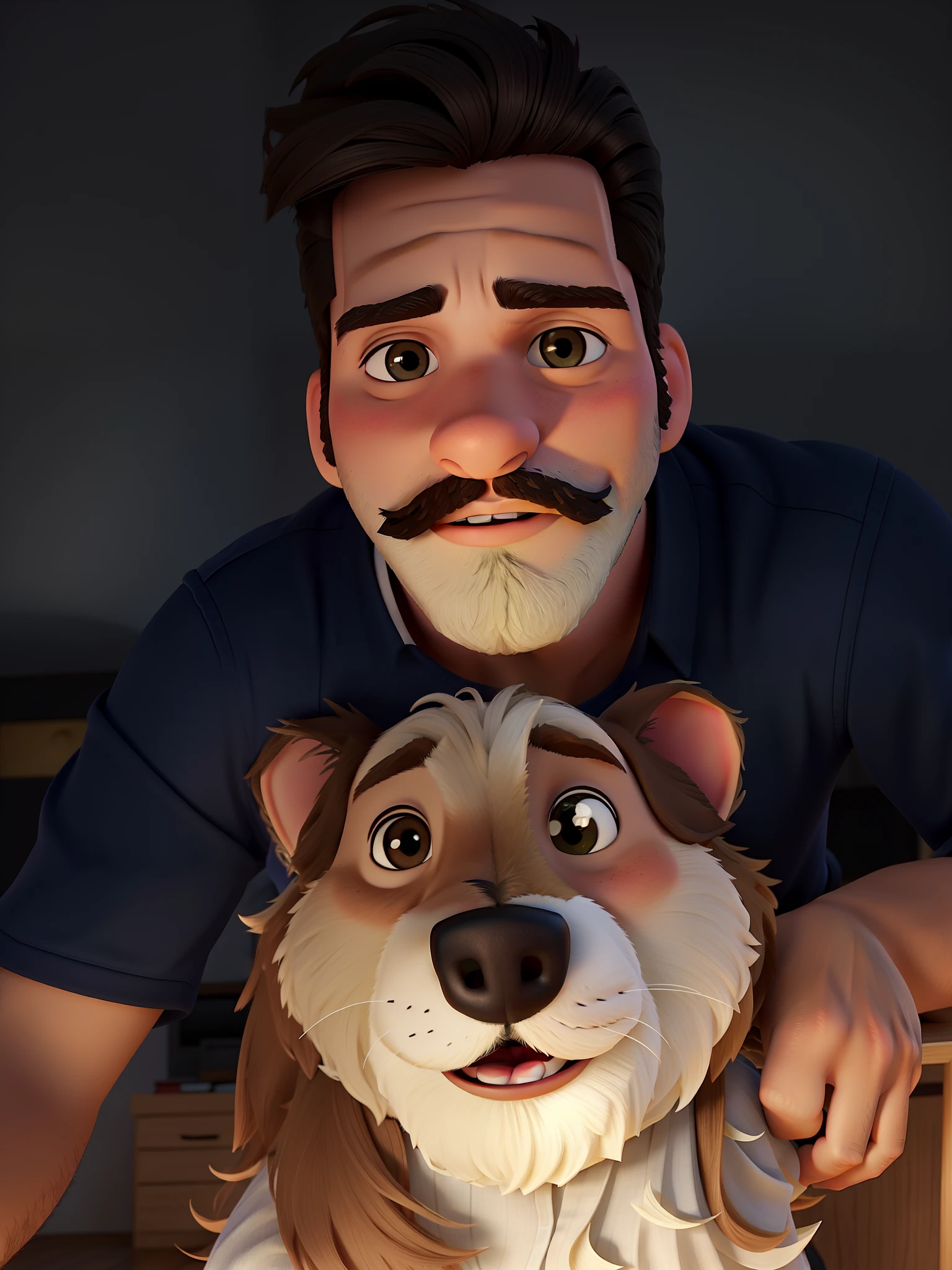 Um homem jovem com cabelo baixo com bigode tirando uma sefie com seu cachorro de 13 anos