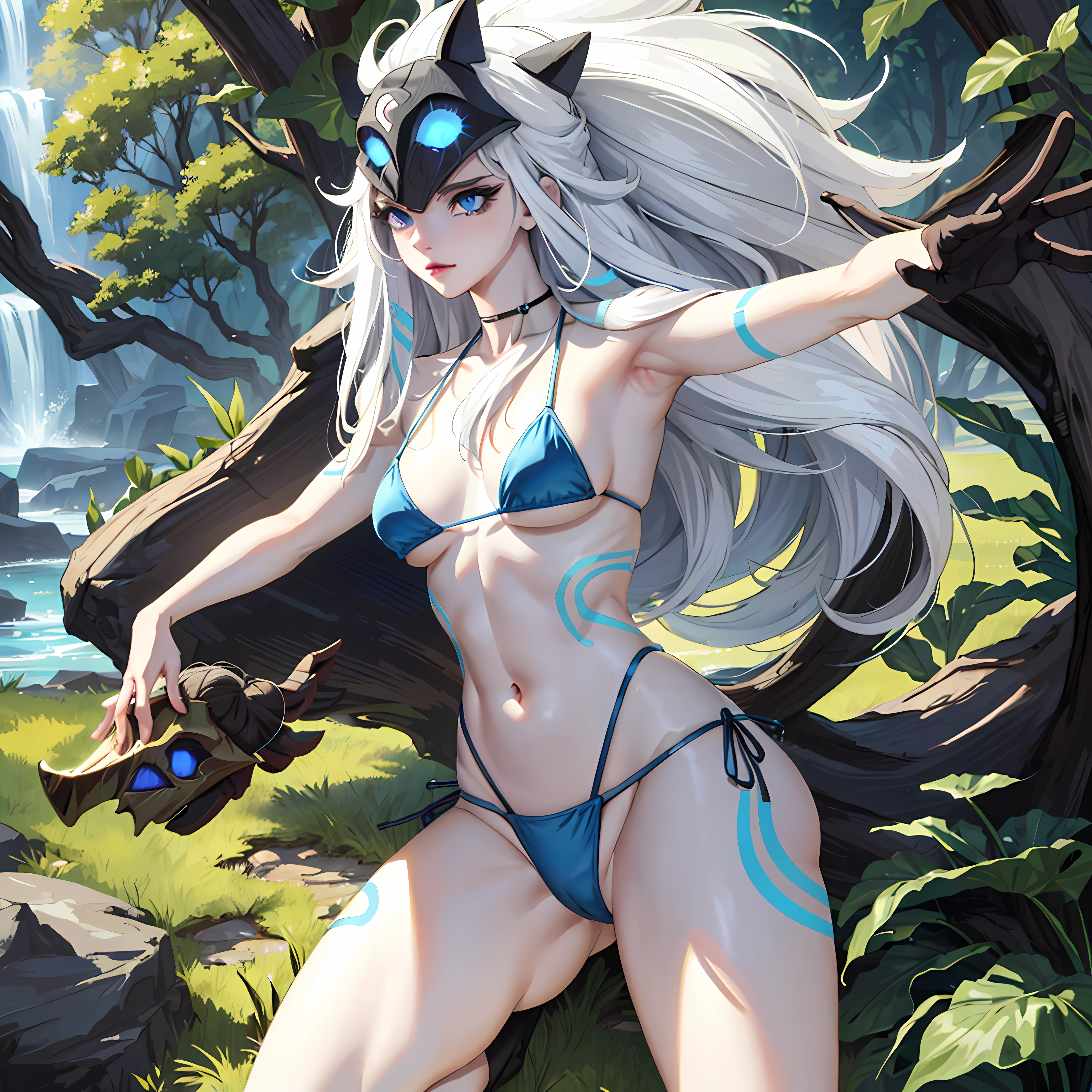 ((Cinematic light, Best quality, 8K, Masterpiece :1.3)), 1girll, Beautiful woman, (White hair, Large breasts:1.3), rope panties, Bra :1.2, hopefully falling, lip open seductively,1girll, standing, full bodyesbian, hairy female, bodyhair, (White hair, White skin:1.1), chest tuft, digitigrade, White hair, Long hair, Black mask, (Blue eyes, Bright eyes:1.4),  Small breasts, BREAK nature, jungles, a magical forest, Fantasy Forest, Grass, purple leaves, a plant, Bright flowers, Rocks, day, Sexy, show off pubic area, showing armpit, ((NSFW)), ((sexual teasing)), ((((golden micro-bikini))), (((mask covering part of the face))), ((Thin waist)), Skinny,