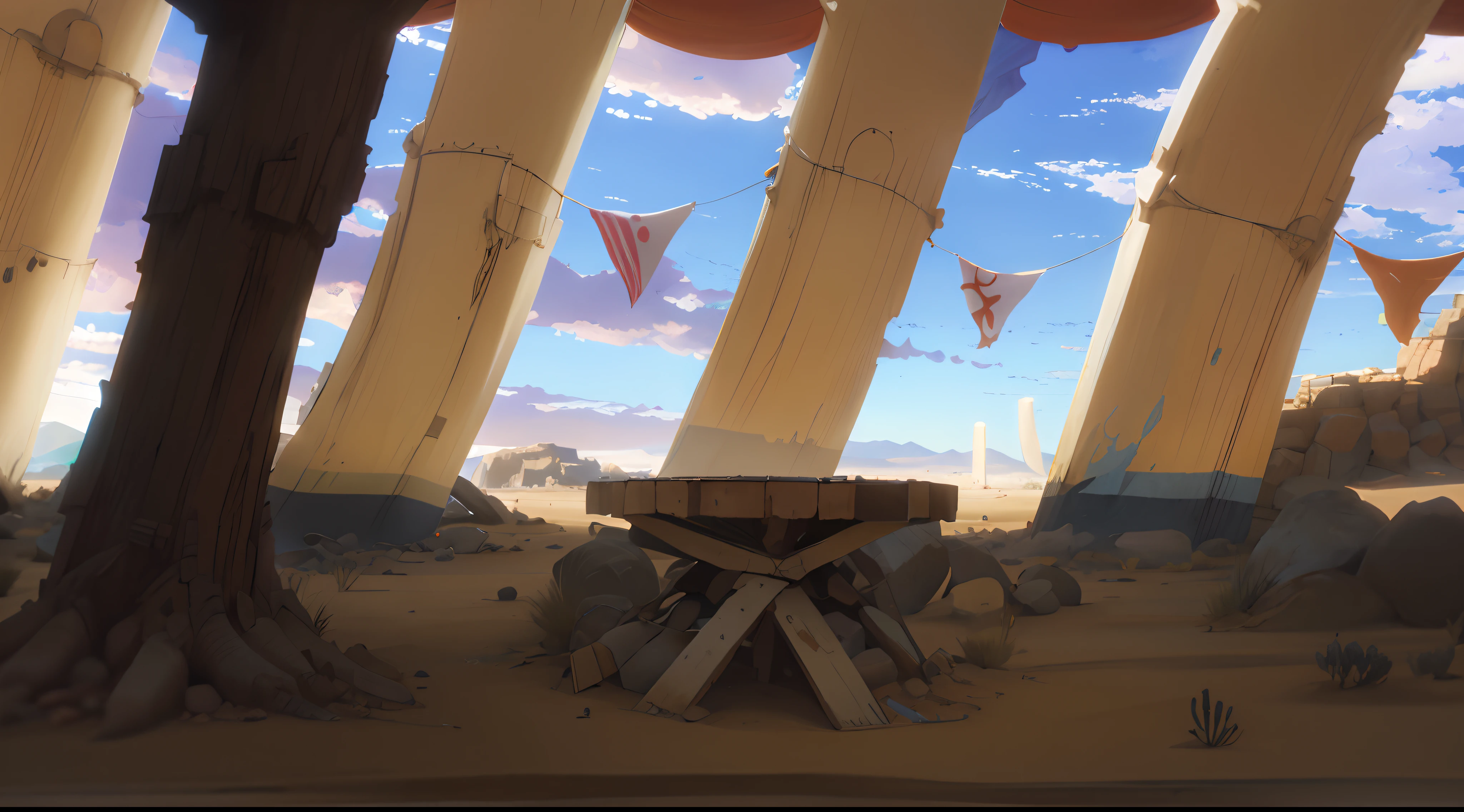 there is a painting of a tent with flags and a table, arena background, relaxing concept art, background art, random background scene, desert setting, desert environment, desert circus, painted as a game concept art, interior background art, environment concept, ancient interior tent background, concept illustration, environment painting, concept piece, concept art!, concept art, concept art, anime, aime style, makoto shinkai style, 4k, 4k detailed,