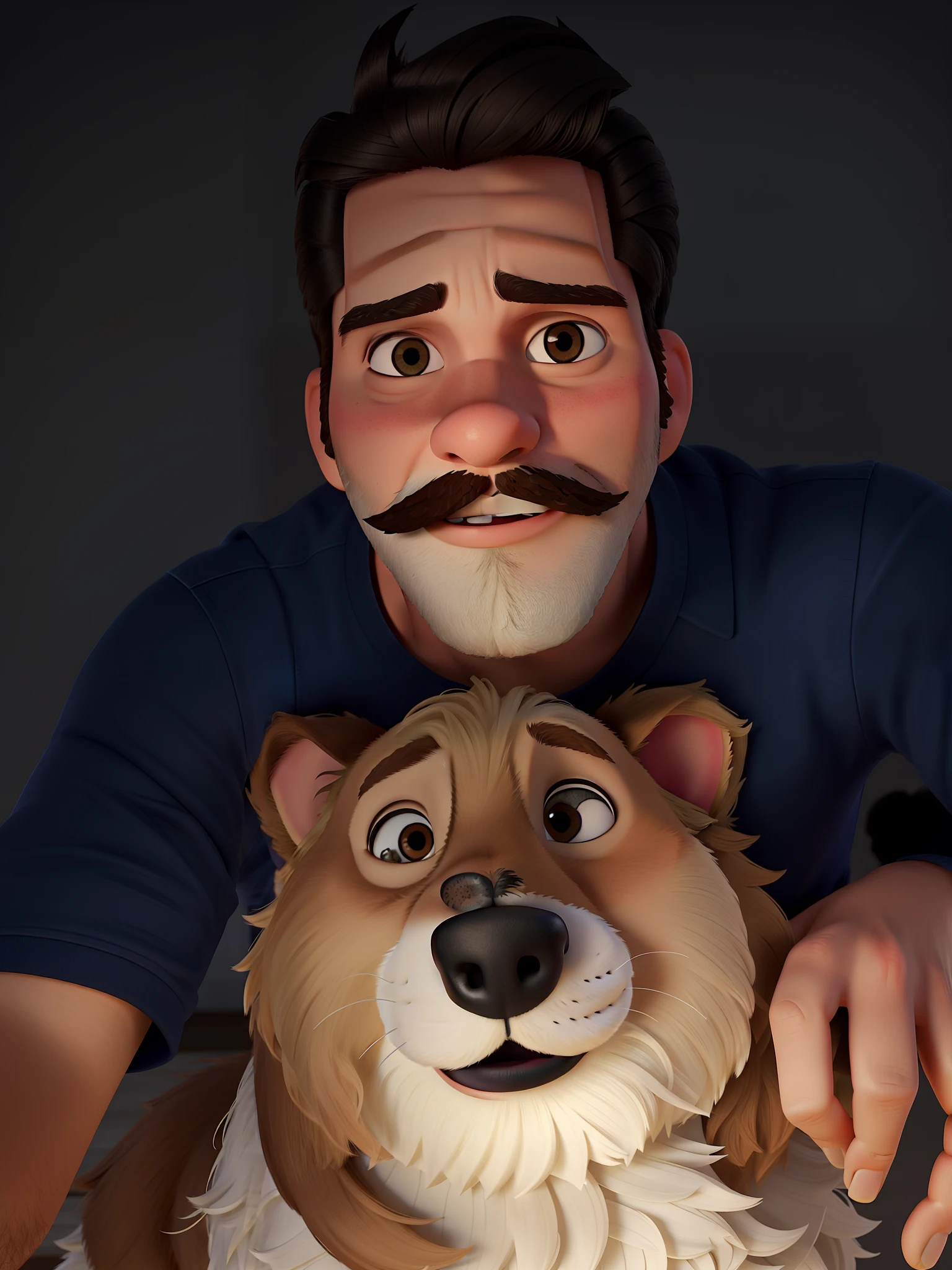 Um homem jovem com cabelo baixo com bigode tirando uma sefie com seu cachorro de 13 anos