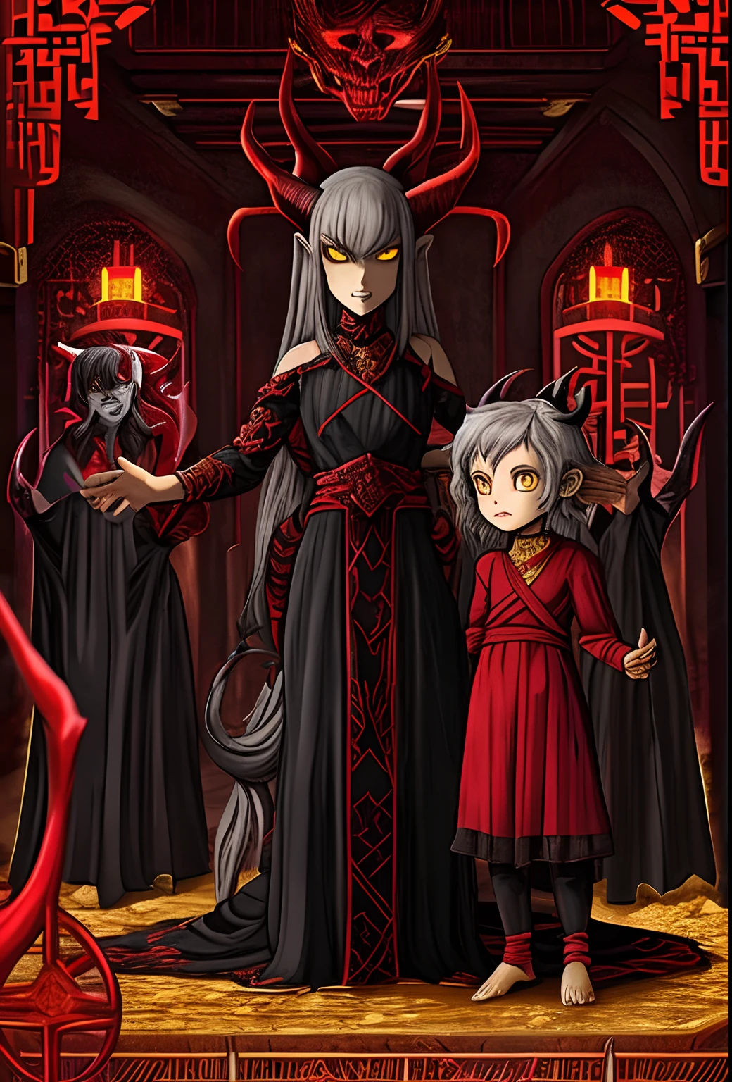 (Best quality), Oriental detailed background, demonic child, demon, kid, red chaotic hair, gray hair, small, tiny, dress, royalty, child of Satan, evil, yellow gold eyes, hell