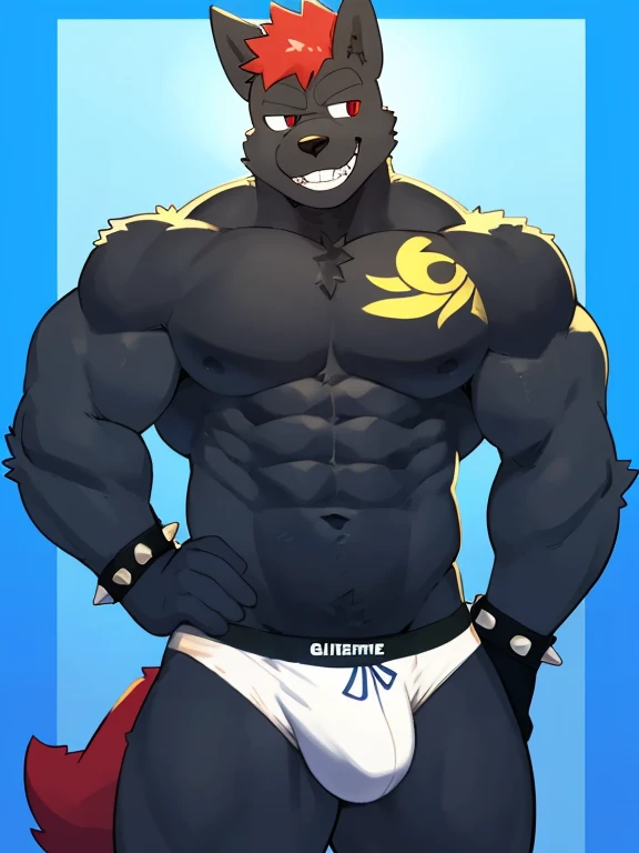 ((best quality)), (ultra-detailed), ((extremely detailed)), (beautiful), 8k, by goonie-san, by p0nyplanet, by Glitter Trap Boy, (looking away:1.2), (((from front position))), ((front view)), cropped torso, 20 years old, male, ((muscular)), muscular male, bara, bare pectorals, large pectorals, pectorals, (abs:1.3) thick thighs, thick body, dog, dog boy, dog ears, wolf ears, navel, navel hair, body hair, (bushy body), black body, black ears, gemstone earrings, ((body yellow tattoo)), red hair, big eyes, anime eyes, black eyes, (thick eyelashes:1.5), thick eyebrows, white eyebrows, double eyelid eyes, ((black glove)), topless male, male_underwear, (tareme:1.5), long face, (((teeth))), half-closed eyes, smile eyebrows, (hand on hip), spiked bracelet, dark blue eyelids,