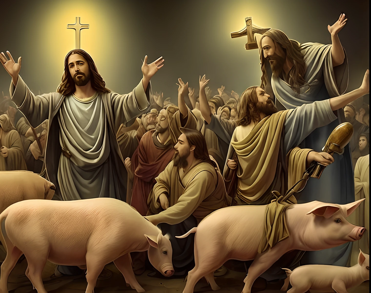 Jesus and the pigs are walking through the crowd, epic biblical representation, Porcos, jesus wasted at a party, Directed by: Matt Stewart, Directed by: Ivan Mrkvička, Directed by: Krzysztof Boguszewski, Directed by: Kristian Kreković, Directed by: Derek Zabrocki, Directed by: Martin Benka, biblical art style