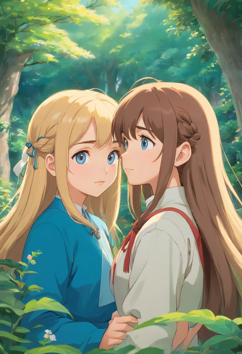 Stable Diffusion prompt:
girl with long brown hair, brown eyes, beautiful detailed eyes, beautiful detailed lips, holding hands with boy with long blonde hair, bright blue eyes, extremely detailed eyes and face, long eyelashes, taller boy, outdoor scene in a garden, vibrant colors, soft natural lighting, medium: oil painting, ultra-detailed, realistic:1.37, vivid colors, bokeh.